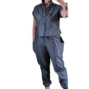 HANDMADE 2-Piece Gray Chambray Short-Sleeve, Jogger Coordinating Set, Sz L